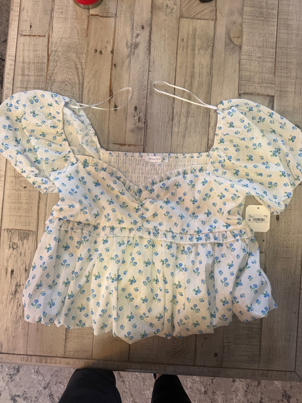 Altar'd State White Top with Blue Floral Puff Sleeves